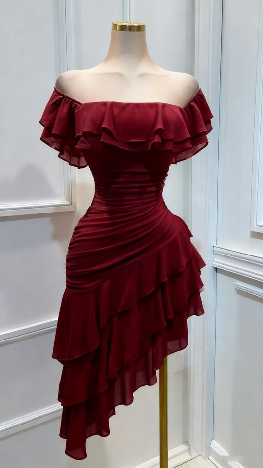 Elegant Burgundy A-Line Strapless Ruffled Tulle Bodycon Mini Dress with Asymmetrical Hem Homecoming Dress RS207