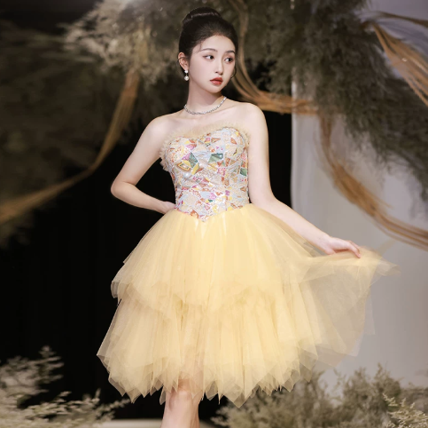 Cute Pastel Yellow A-Line Strapless Mini Dress with Tulle Skirt Party Dress Birthday Dress RS037