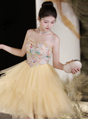 Cute Pastel Yellow A-Line Strapless Mini Dress with Tulle Skirt Party Dress Birthday Dress RS037