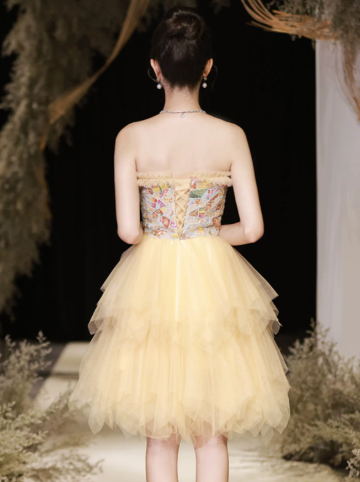Cute Pastel Yellow A-Line Strapless Mini Dress with Tulle Skirt Party Dress Birthday Dress RS037