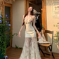 Fairy V-neck suspender dress heavy three-dimensional flower lace embroidery fishtail long skirt R1749