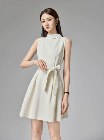 Minimalist White A-Line High Collar Mini Dress with Bow-knot Waist Professional Dress Celebrity Dress RS038