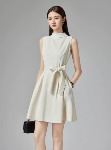 Minimalist White A-Line High Collar Mini Dress with Bow-knot Waist Professional Dress Celebrity Dress RS038