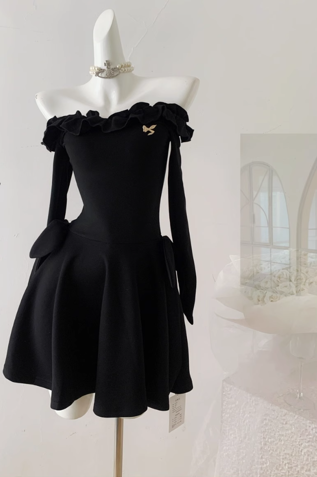 Little black dress one shoulder dress waist black high-end temperament skirt R1996