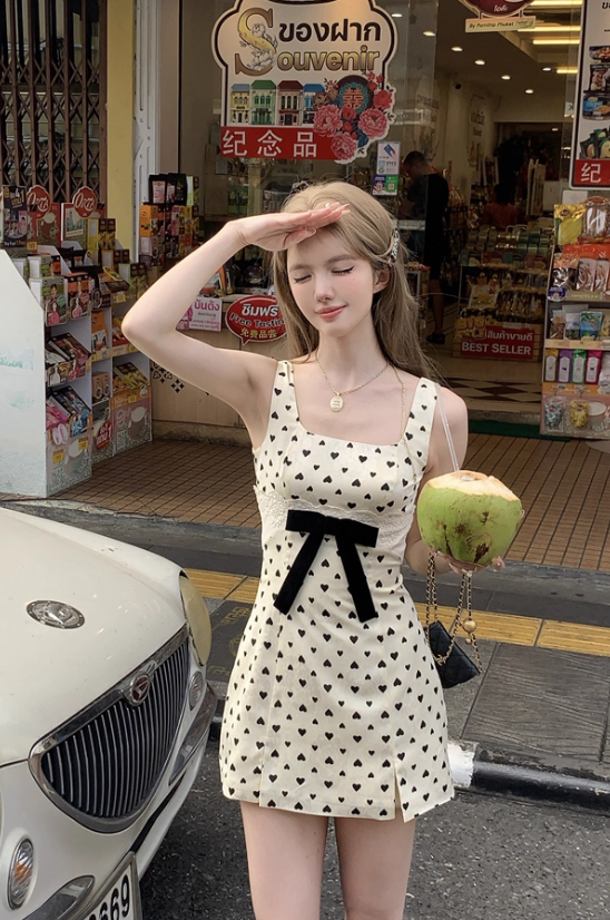 Square neck polka dot suspender dress women's summer French retro skirt R5028