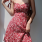 Retro girl red floral suspender skirt slim fit waist strappy short skirt holiday dress R2804