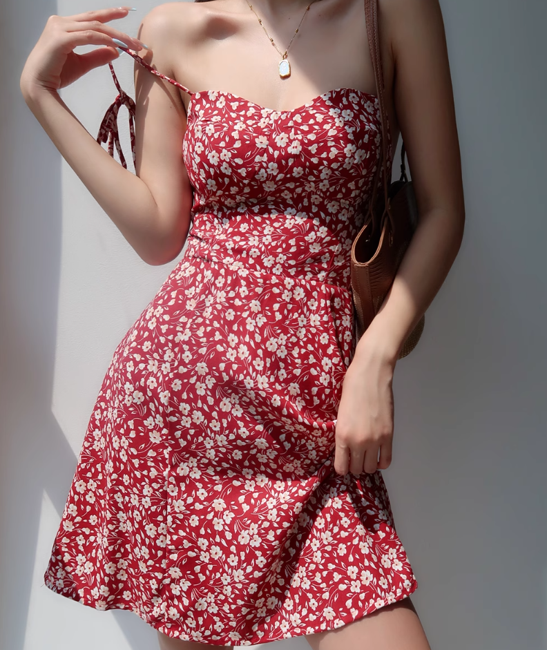 Retro girl red floral suspender skirt slim fit waist strappy short skirt holiday dress R2804