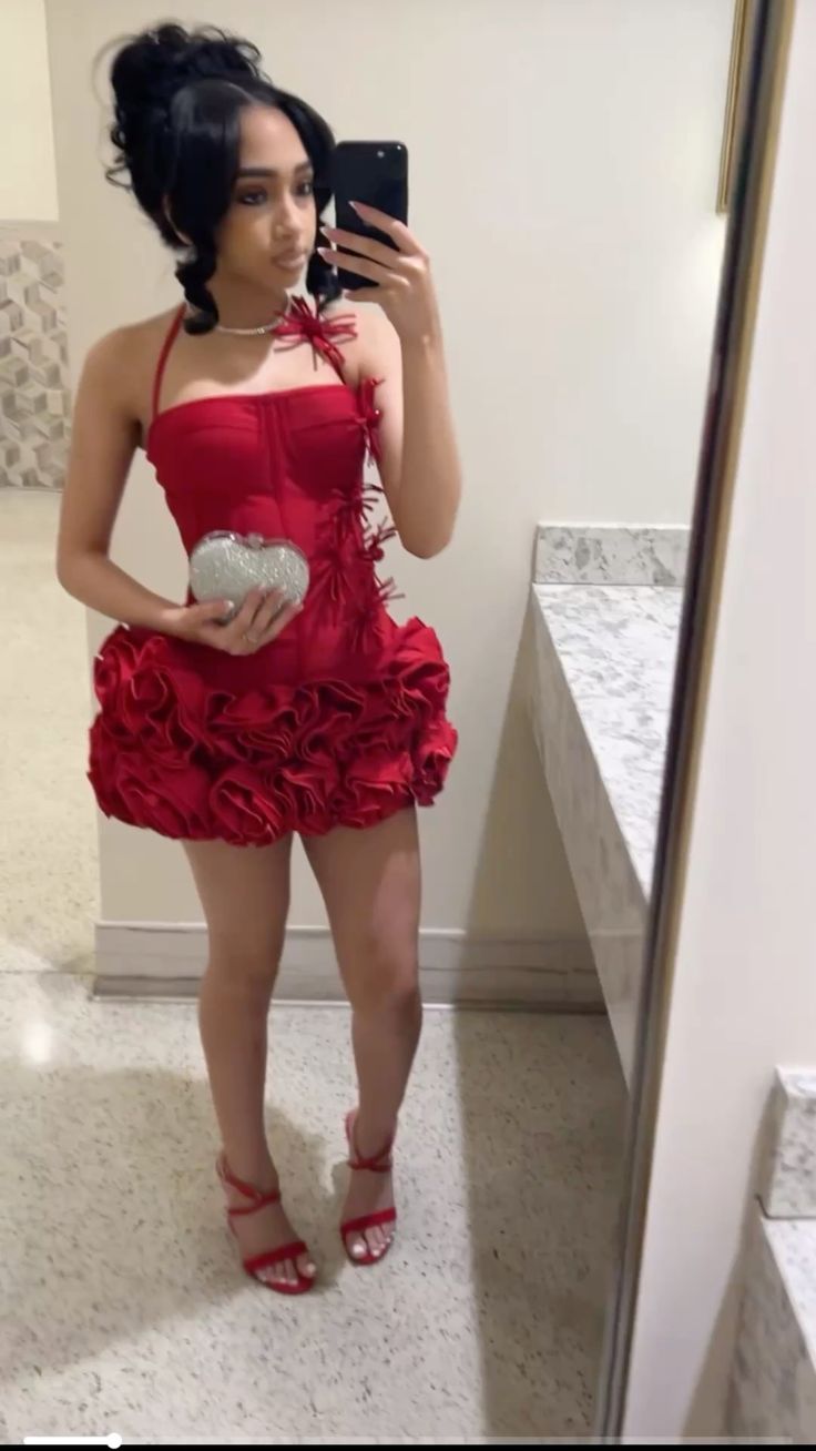 Flower-shaped Red Ruffled A-Line Halter Bodycon Mini Party Dress Homecoming Dress RS258