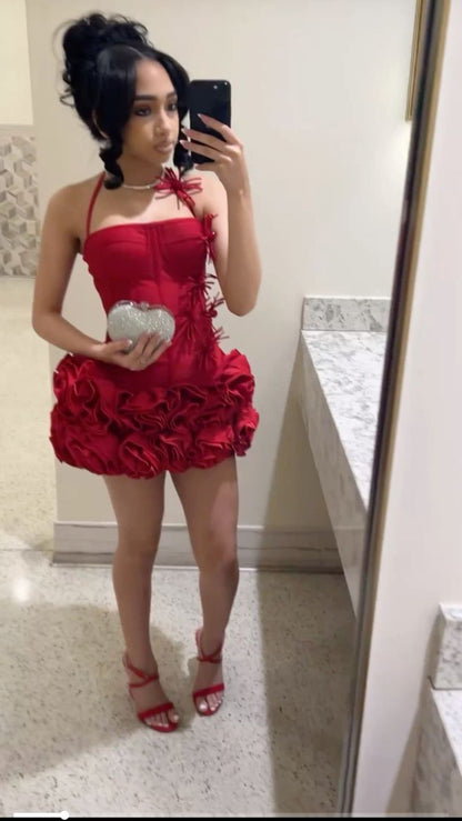 Flower-shaped Red Ruffled A-Line Halter Bodycon Mini Party Dress Homecoming Dress RS258