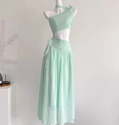 Off-shoulder sheer mesh waist long dress R2029