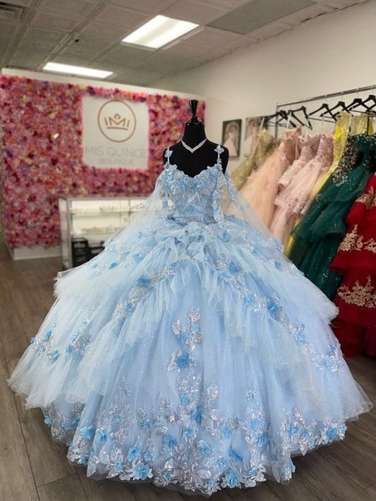 Romantic Floral Pale Blue Ball Gown Spaghetti Straps Dress with Tulle and Embroidery Homecoming Dress Quinceanera Dress RS031