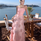 Pink flower suspender dress gentle temperament beautiful dress R0800