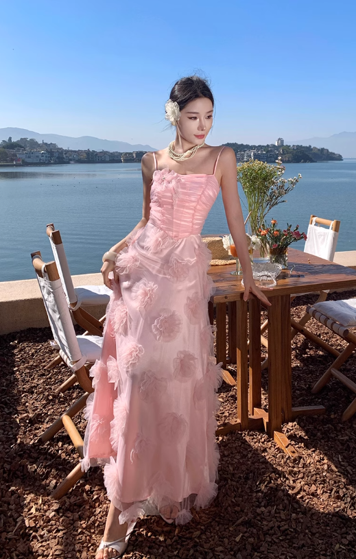 Pink flower suspender dress gentle temperament beautiful dress R0800