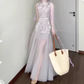 Purple mesh jacquard vest dress temperament waist A-line long skirt R0733