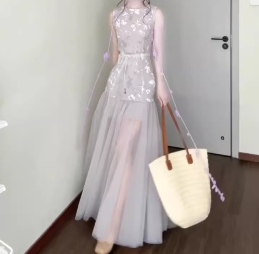 Purple mesh jacquard vest dress temperament waist A-line long skirt R0733