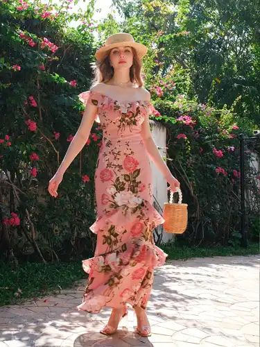 Pink retro rose print one-shoulder slim waist long dress homecoming dress R3251