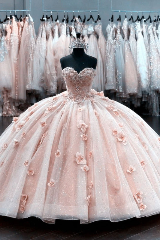 Romantic Floral Pink Ball Gown Strapless Dress with Tulle and Applique Homecoming Dress Quinceanera Dress RS032