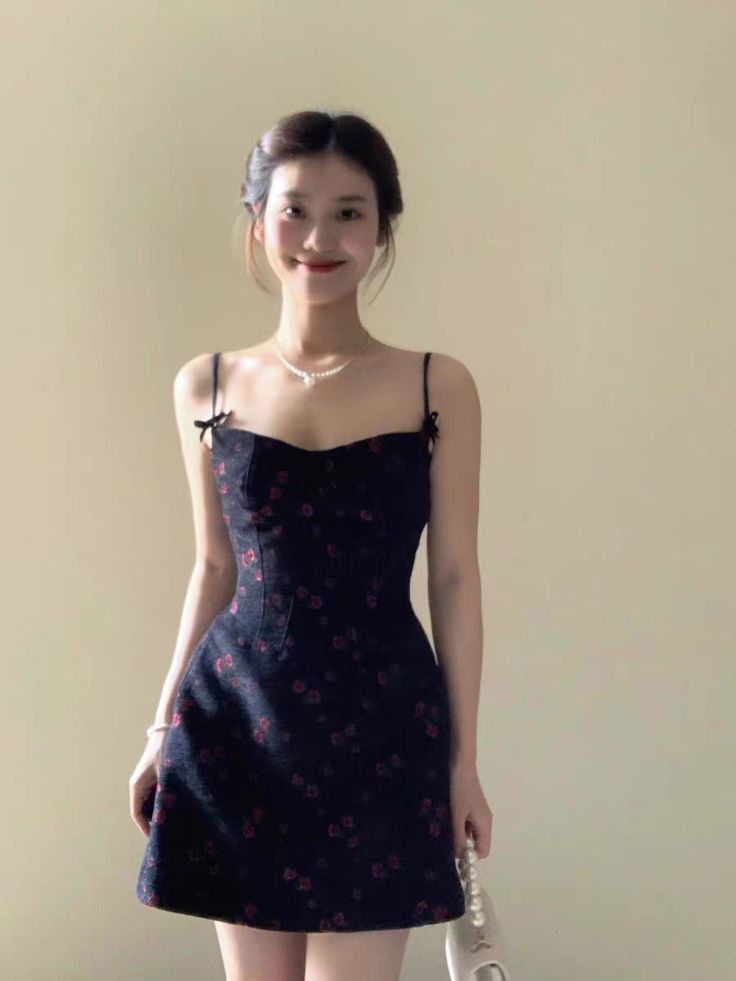 Black background small floral pink sling waist A-line short skirt homecoming dress R3288