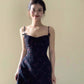 Black background small floral pink sling waist A-line short skirt homecoming dress R3288