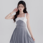 Suspender dress new style niche splicing pleated skirt high waist temperament short skirt summer R4178