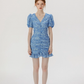 Short hip skirt summer French floral skirt blue petite pleated dress R2714