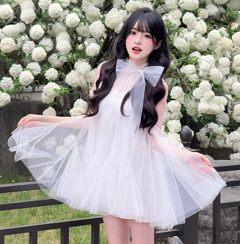 Gentle and sweet style white mesh sleeveless dress beautiful loose A-line short skirt R0801