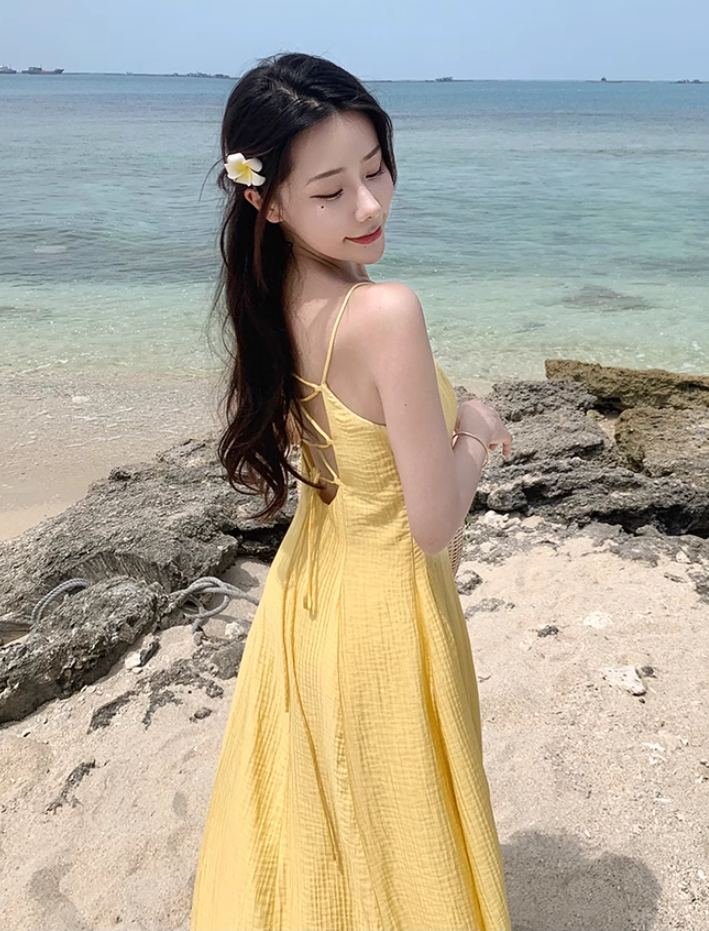 Yellow backless strappy suspender sexy dress seaside holiday long dress waist beach dress R1615