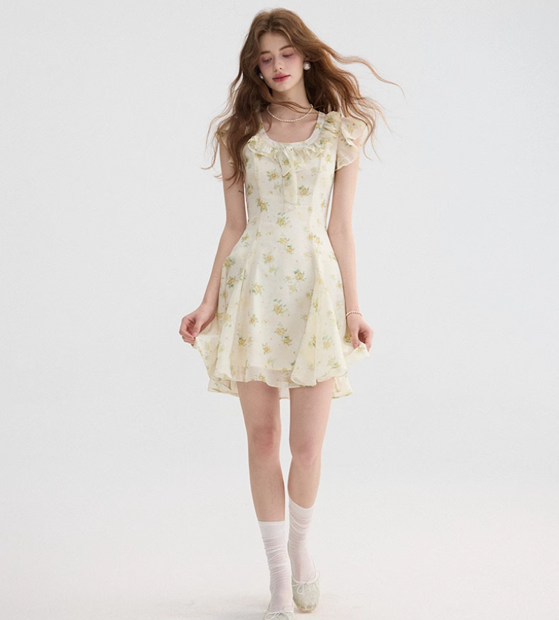 French tea break style floral dress ruffled short skirt R2701