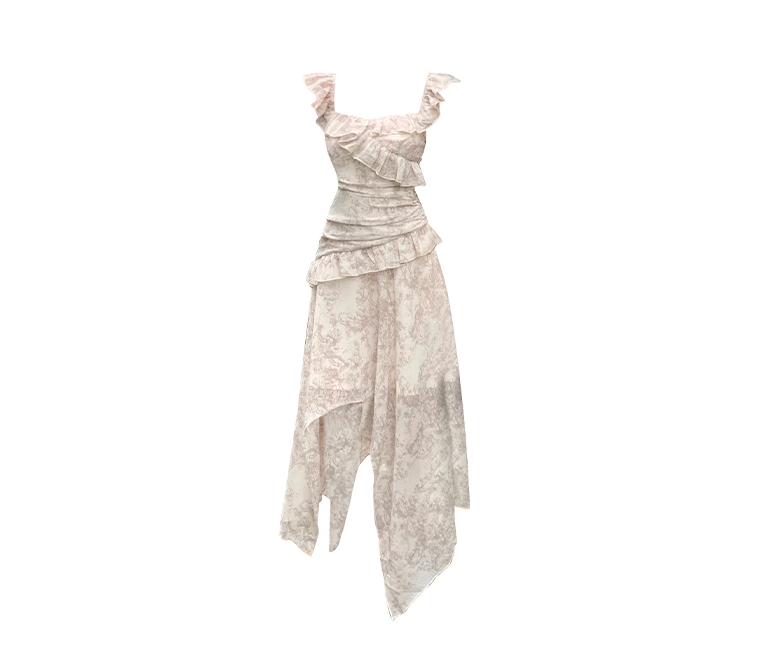 French style small flying sleeve irregular ruffle dress new style seaside holiday dress R0033