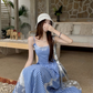 Fairy pure waist skirt suspenders plaid long skirt lace holiday style dress R1753