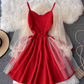 2025 Puff Sleeve V-Neck Low-cut Mesh Beaded A-Line Skirt Short Sleeve Slim Waist Midi Dress R0409