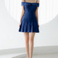 Navy blue strapless one-shoulder waisted A-line pleated skirt short homecoming dress R3818