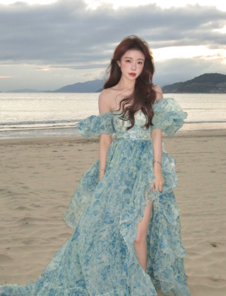 Bohemian Ice Blue A-Line V-Neck Long Flowing Dress for Seaside Vacation Summer Dress Casual Dress RS041