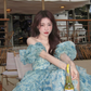 Bohemian Ice Blue A-Line V-Neck Long Flowing Dress for Seaside Vacation Summer Dress Casual Dress RS041