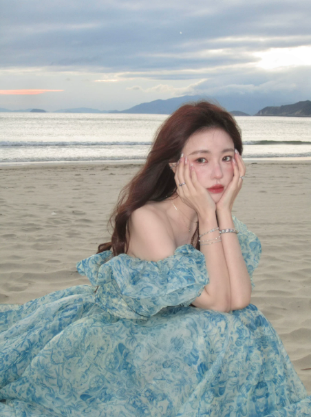Bohemian Ice Blue A-Line V-Neck Long Flowing Dress for Seaside Vacation Summer Dress Casual Dress RS041