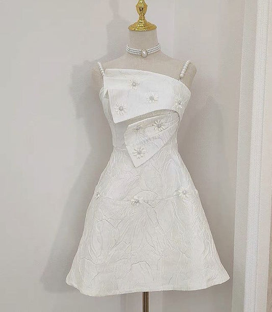 White pearl suspenders irregular neckline pattern design slim A-line homecoming dress R2548