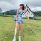 Blue tie-dye suspenders waist slim A-line short skirt homecoming dress R3260