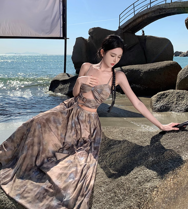 Travel wear tie-dye skirt a-line skirt temperament tube top suit women's two-piece suit R1571