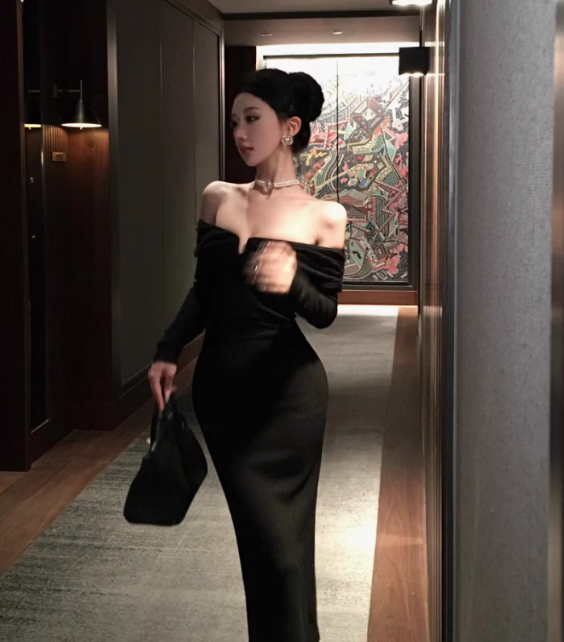 Tube Top Dress Long Sleeves Temperament Slim Fit Hip-hugging Black Long Dress R1522