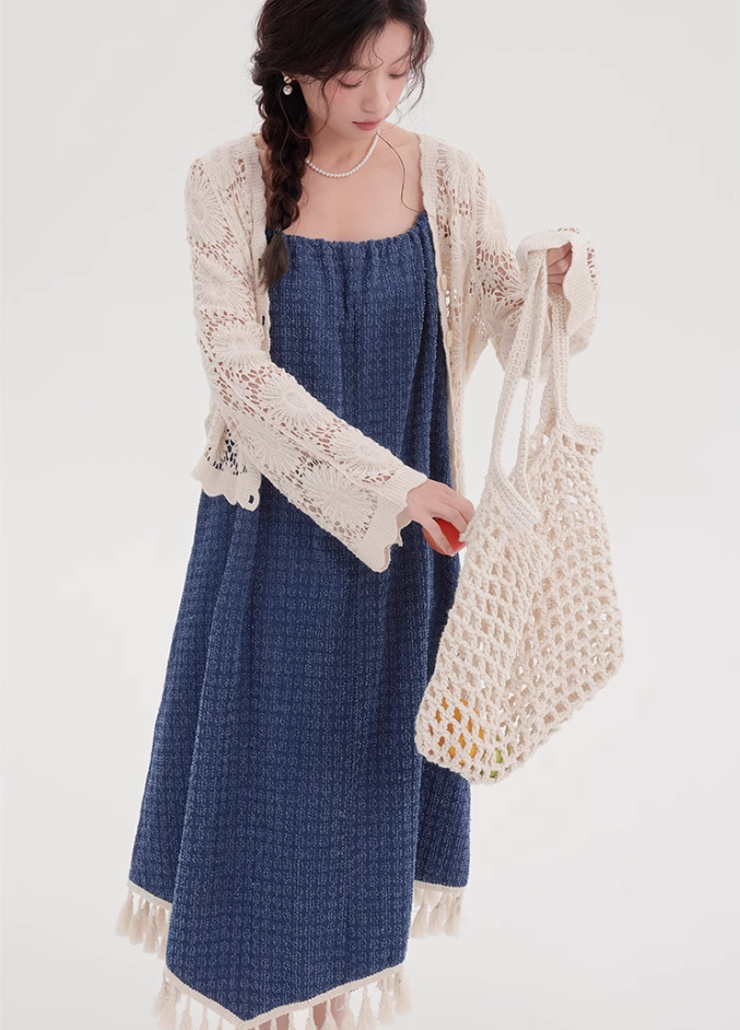 Denim suspender dress with cardigan two-piece suit new style beautiful western-style suit R2358