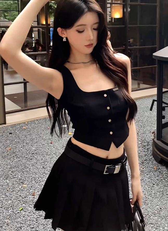 High-end short vest vest top 2025 plus size hot girl street pleated skirt suit R1368
