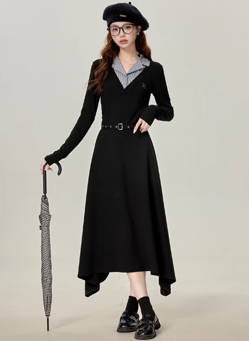 French Hepburn style black v-neck dress 2025 new irregular skirt R1932