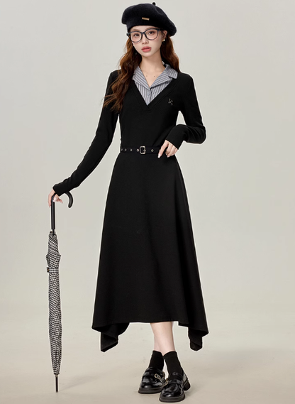 French Hepburn style black v-neck dress 2025 new irregular skirt R1932