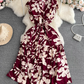 High-end, light luxury temperament flying sleeves V-neck waist slimming A-line ruffled printed dress R0353
