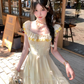 Yellow long chiffon printed small flying sleeve suspender dress summer French sweet slim skirt R4864