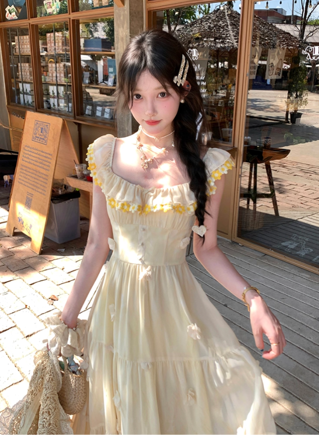 Yellow long chiffon printed small flying sleeve suspender dress summer French sweet slim skirt R4864