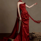 French Retro Burgundy Mermaid Strapless Long Dress with Ribbon Trim Quinceanera Dress Evening Dress RS043