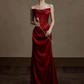 French Retro Burgundy Mermaid Strapless Long Dress with Ribbon Trim Quinceanera Dress Evening Dress RS043