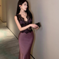 Sexy satin lace deep V-neck dress French sexy evening dress high-end R1619