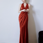 French Retro Burgundy Mermaid Halter Long Dress with Ribbon Trim Quinceanera Dress Evening Dress RS044
